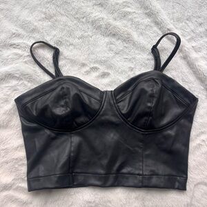 GUESS Black Faux Leather Bustier Crop Top Zip Back Small Sweetheart